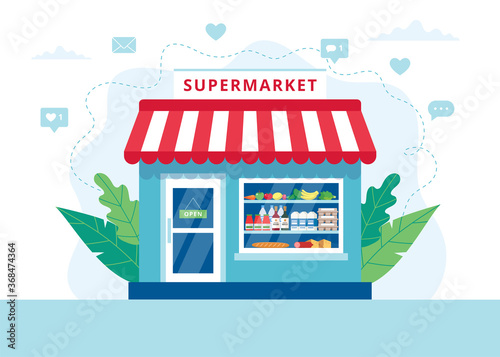 Grocery store concept, supermarket with different grocery. illustration in flat style