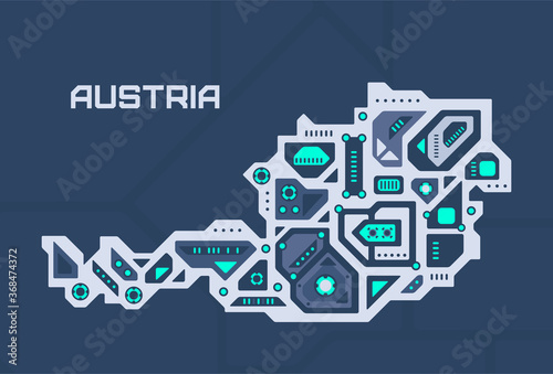 Abstract futuristic map of Austria. Mechanical circuit of the country. Technology space background.