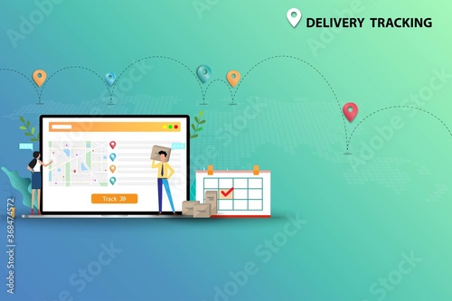 Concept of delivery tracking, businessman and woman are discussing to track and prepare the shipment to deliver the goods to customers on time.