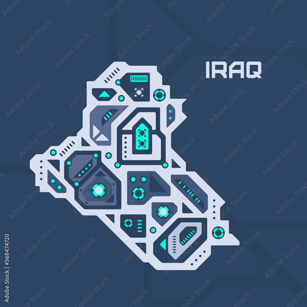 Abstract futuristic map of Iraq. Mechanical circuit of the country. Technology space background. Abstract futuristic map of Iraq. Mechanical circuit of the country. Technology space background.