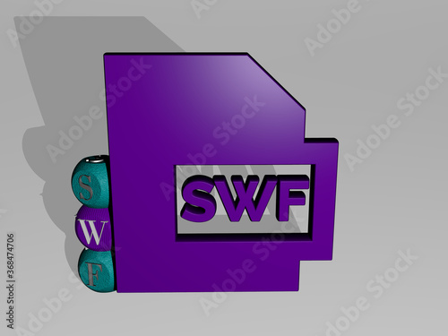 3D representation of SWF with icon on the wall and text arranged by metallic cubic letters on a mirror floor for concept meaning and slideshow presentation