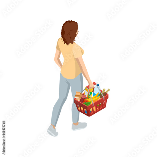 Woman with grocery basket cart from supermarket on white isolated background. Isometric shopping market basket with variety of grocery products Back view.