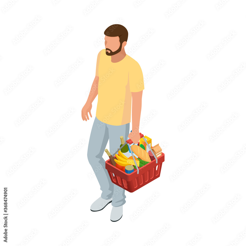 Man with grocery basket cart from supermarket on white isolated background. Isometric shopping market basket with variety of grocery products Man with grocery basket cart from supermarket on white isolated background. Isometric shopping market basket with variety of grocery products