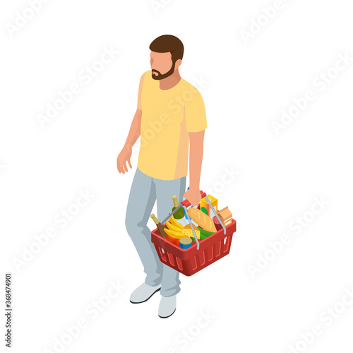 Man with grocery basket cart from supermarket on white isolated background. Isometric shopping market basket with variety of grocery products