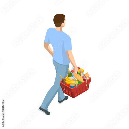 Man with grocery basket cart from supermarket on white isolated background. Isometric shopping market basket with variety of grocery products Back view.
