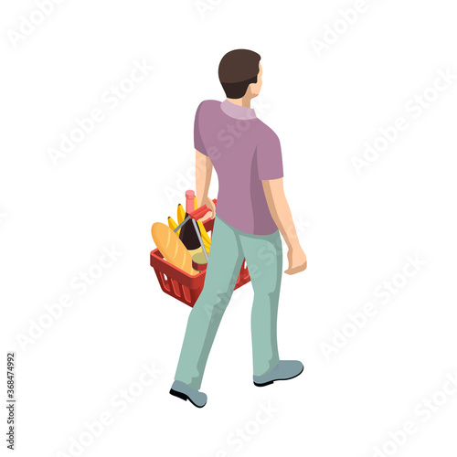 Man with grocery basket cart from supermarket on white isolated background. Isometric shopping market basket with variety of grocery products Back view.