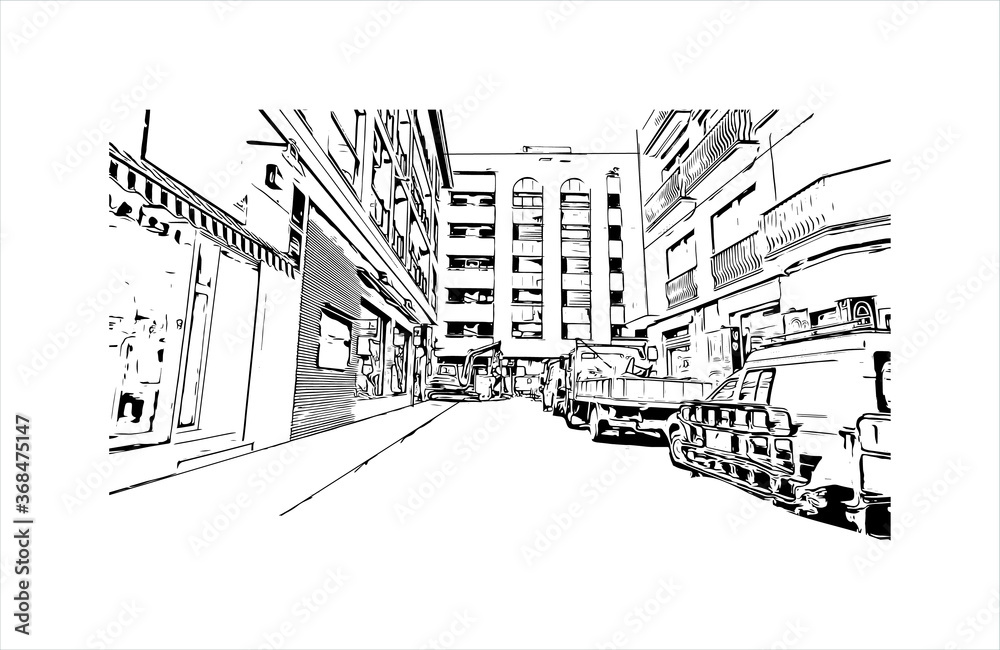 Plakat Building view with landmark of Albacete is a city and municipality in the Spanish autonomous community of Castilla–La Mancha. Hand drawn sketch illustration in vector.