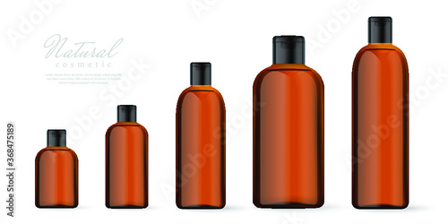 Realistic brown cosmetic bottles set on white background. Cosmetic containers and tubes for cream, shampoo, gel, balsam, conditioner, soap, ointment, toothpaste, lotion etc. Vector Illustration