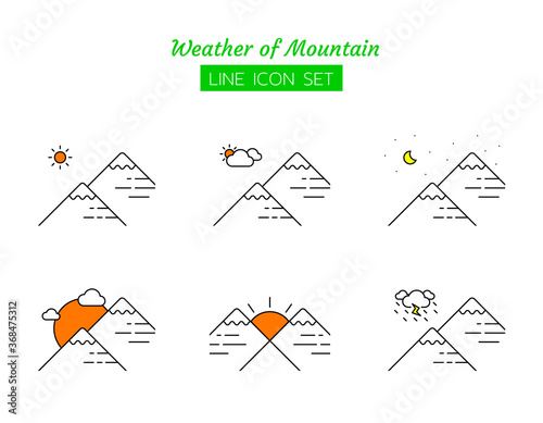 line icon symbol set, weather of mountain concept, view landscape, daytime, sun, night, moon, rain, cloud, forecast, Isolated flat outline vector design