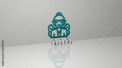 3D illustration of elf graphics and text made by metallic dice letters for the related meanings of the concept and presentations. cartoon and christmas photo