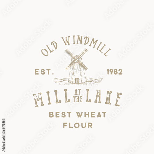 Old Wind Mill Bakery Abstract Vector Sign, Symbol or Logo Template. Sketch Landscape with Building Drawing and Retro Typography. Vintage Emblem.