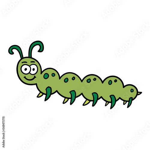 Cartoon doodle hand drawn caterpillar in childlike style isolated on white background. Vector illustration. 