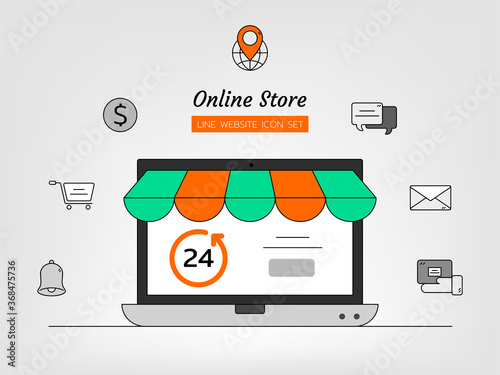line icon symbol set, website computer application online shopping store market concept, basket, chat, global, cart, 24 hours, gps, parcel, mail, bell, Isolated flat outline vector design