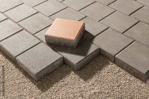 pedestrian path with paver bricks. Sidewalk pavement photo