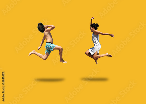 Jumps of joy for a mother and a son to enjoy the summer heat