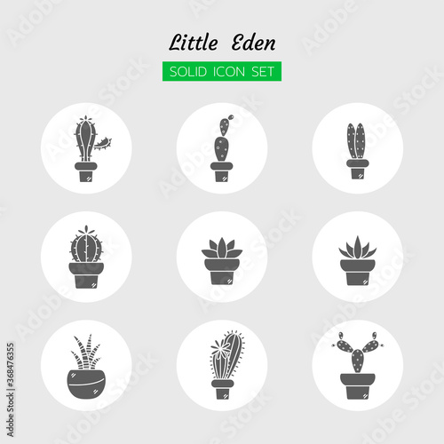 solid icon symbol set, growth little cactus plant, succulent, pot, Isolated flat vector design