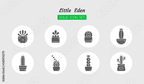 solid icon symbol set, growth little cactus plant, succulent, pot, Isolated flat outline vector design