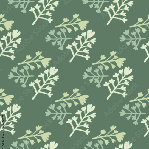 Pastel green seamless doodle pattern with branches silhouettes. Simple floral backdrop.