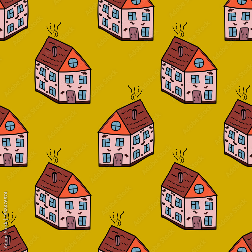Cartoon doodle linear house seamless pattern. Building infinity background. Town, city backdrop. Vector illustration.     