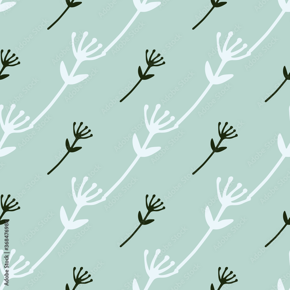 Fototapeta premium Flower abstract figures seamless doodle pattern. White and black branch silhouettes on light blue background.