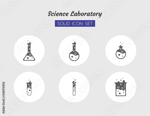 solid icon symbol set, test chemistry physics science research laboratory equipment, glass tube, Boiled water, Isolated flat outline vector design
