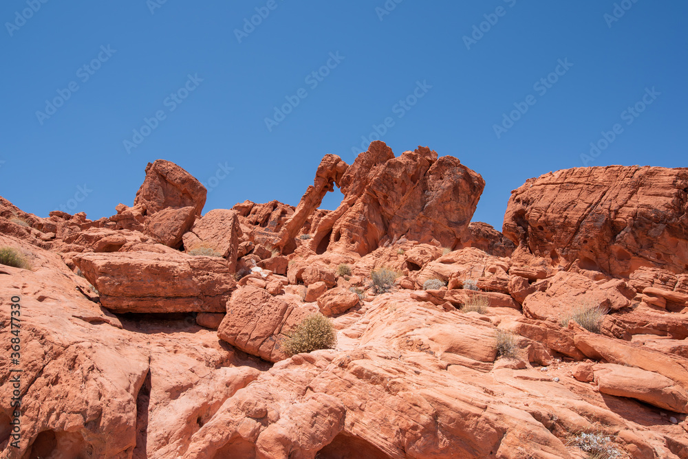 A wide view of Elephant Rock, a unique red rock formation on the side of the Valley of Fire Highway located in the Valley of Fire Sate Park in Nevada (USA), on a clear blue sky. 