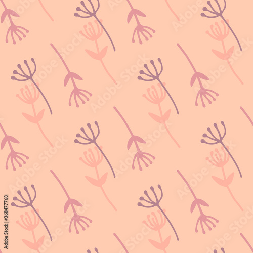 Dandelion flower simple seamless pattern. Pink rozy background. Diagonal floral ornament with multicolor contours.