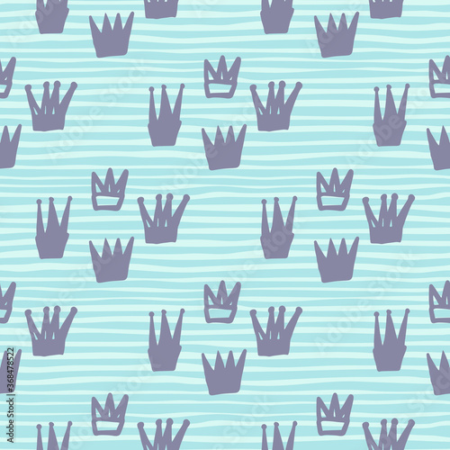 Crown doodle elements seamless hand drawn pattern. Bright background with strips. © smth.design