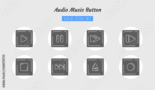 solid icon symbol set, audio video music control square buttons digital multimedia, play, pause, stop and more, Isolated flat vector design