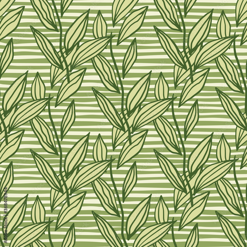 Fototapeta premium Lined geometric seamless pattern with leaves. Floral artwork in green tones with stripped background.