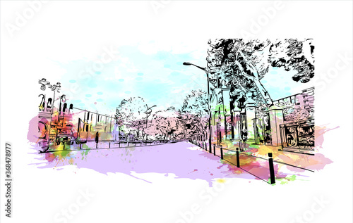 Building view with landmark of Albacete is a city and municipality in the Spanish autonomous community of Castilla–La Mancha. Watercolor splash with hand drawn sketch illustration in vector. photo