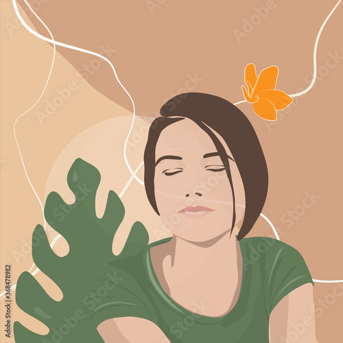 Beautiful young woman meditating, tropical leaf and flower/relaxation/ flat art vector illustration	