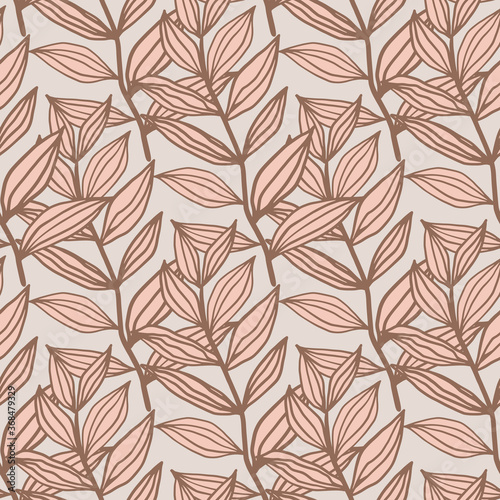 Floral seamless pattern with outline foliage silhouettes on grey background. Light pink botanic ornament.