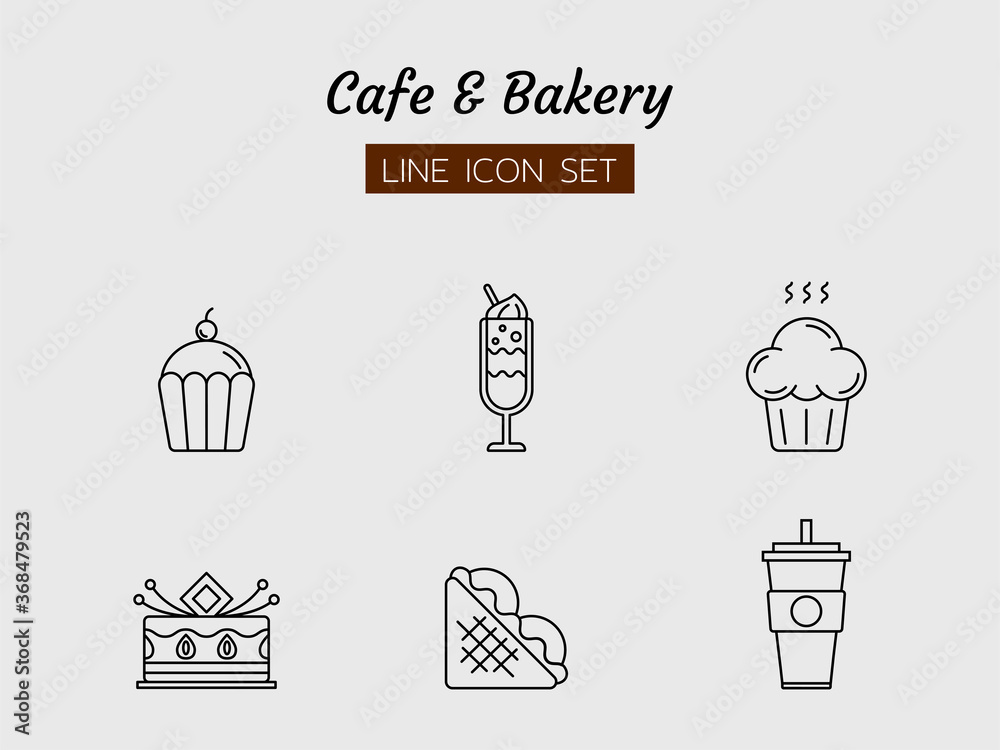 line icon symbol set, bakery coffee cafe sweet and beverage, cake, cupcake, sandwich, muffin, ice cream, Isolated flat outline vector design