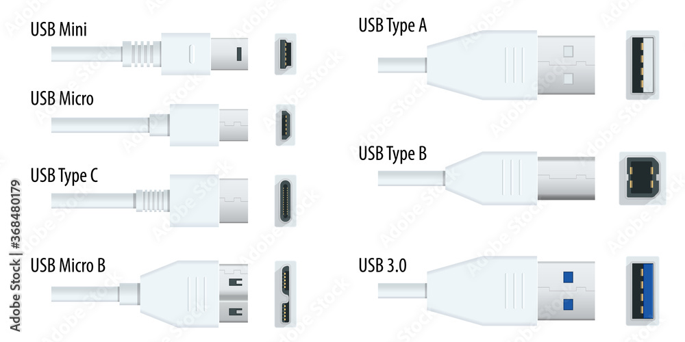 Flat white usb types port plug in cables set with realistic connectors.  Connector and ports. USB type A, type B, type C, Micro, Mini, MicroB and  type 3.0 Stock Vector | Adobe Stock