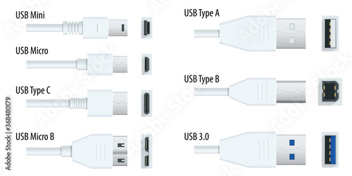 Flat white usb types port plug in cables set with realistic connectors. Connector and ports. USB type A, type B, type C, Micro, Mini, MicroB and type 3.0 photo