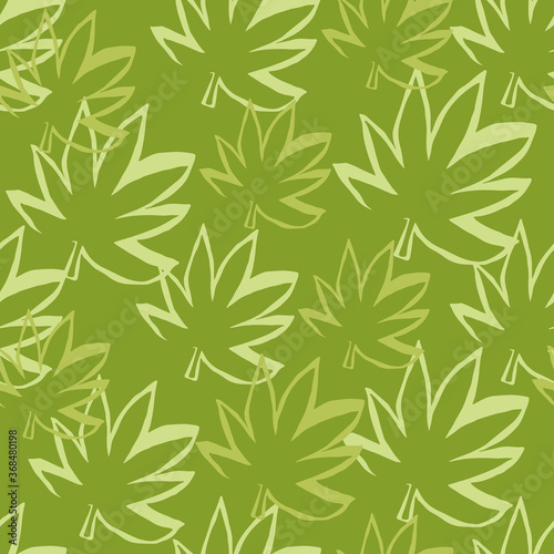 Random seamless pattern with green hemp leaves and green background. Marijuana outline silhouette wallpaper.