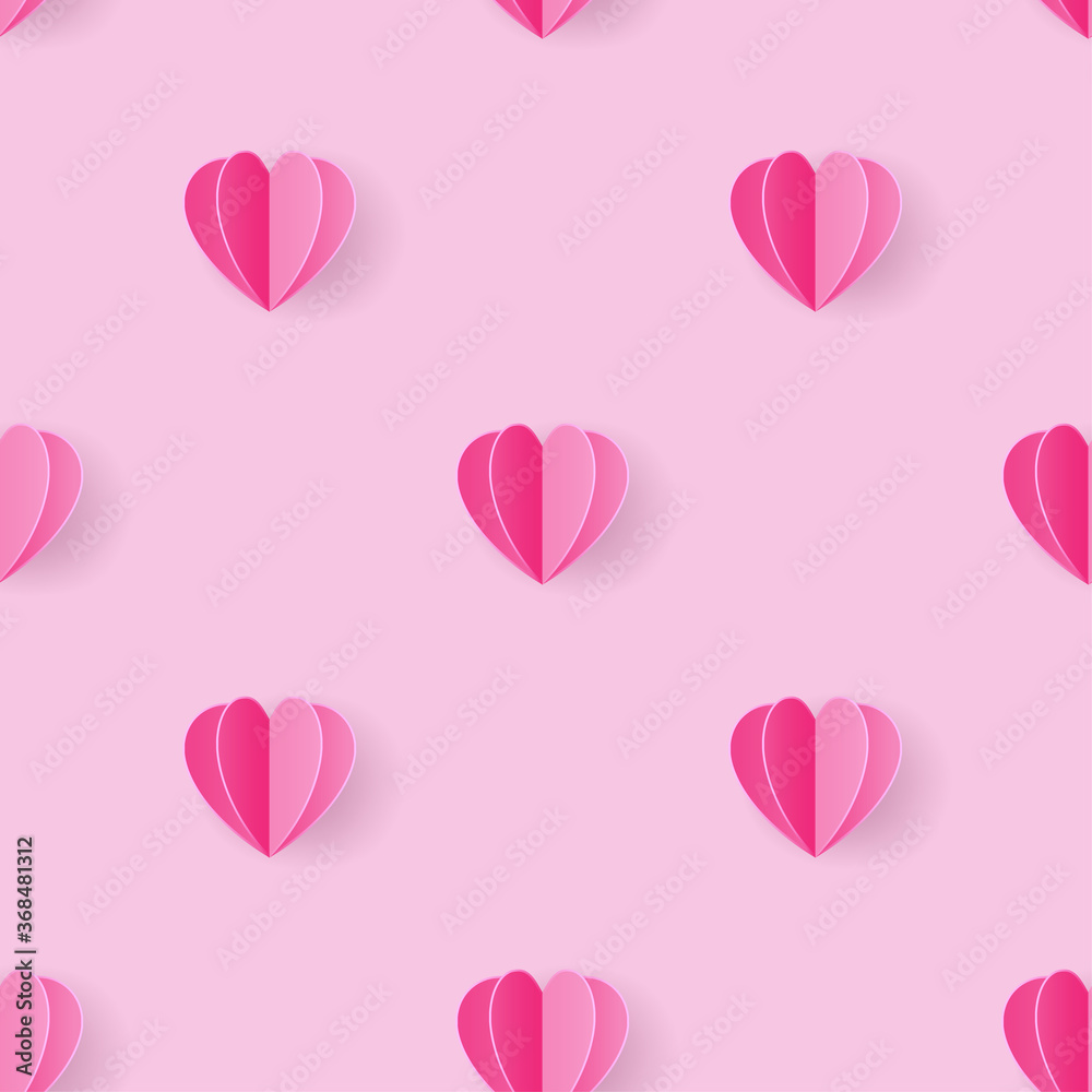 Seamless pattern with heart paper art style on light pink background