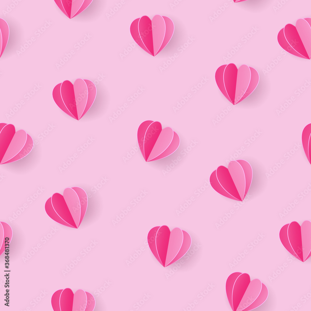 Seamless pattern with paper pink heart on light pink background