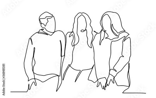 Young friends sitting and talking together - one line drawing. Youth company of happy friends sitting together - one line drawing