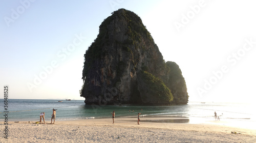 Phra Nang Beach with rocky peaks in the ocean at Railay, Thailand.