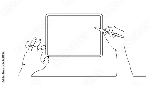 continuous line drawing of stylus writing pointing at tablet screen. First person view. One line tablet with stylus vector illustration