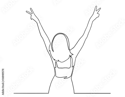 Happy woman standing and making peace sign with hands. Fingers in peace sign, lettering keep calm and hashtag stay at home. Concept of joy. continuous line drawing of happy woman holding two finger.