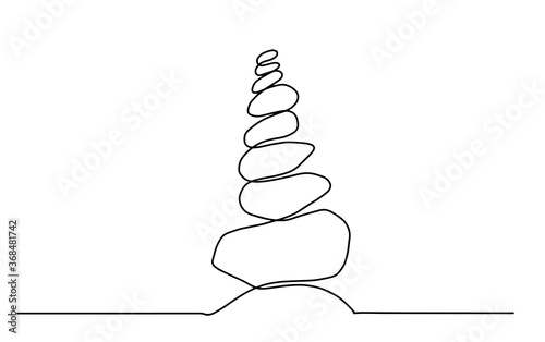 single line drawing of isolated vector object - rock balancing. One line drawing of a pile of flat stones Zen rock balancing. Concept of peace