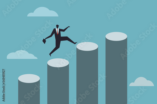 Business executive jumps on top of pillars of increasing heights. Concept for growth graph