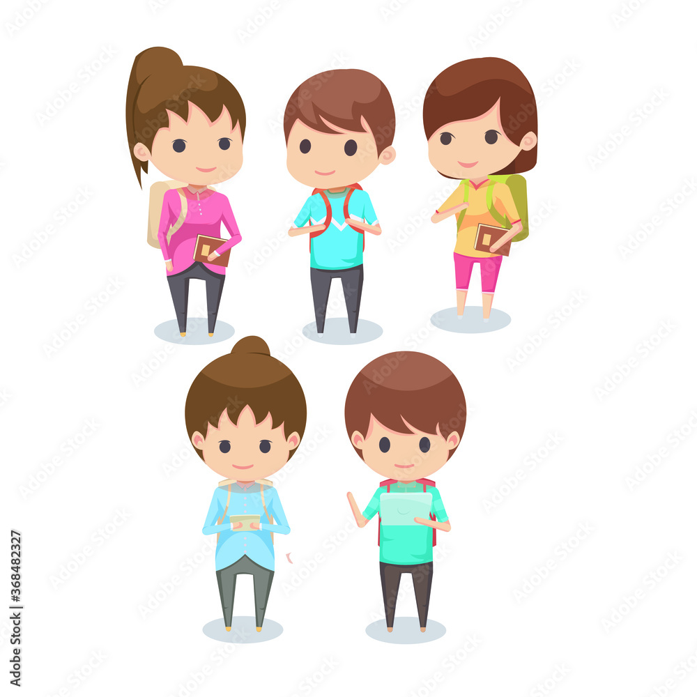 illustration chibi for back to school carrying a bag. cute chibi children's cartoon. cartoon Children's daily fun activity. Vector Female and Male Cartoon Character.
