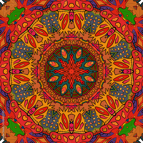 Seamless tracery tile mehndi design. Ethnic ornament, colorful doodle symmetry texture. Folk traditional spiritual tribal design. Curved doodling motif. Color art. Vector