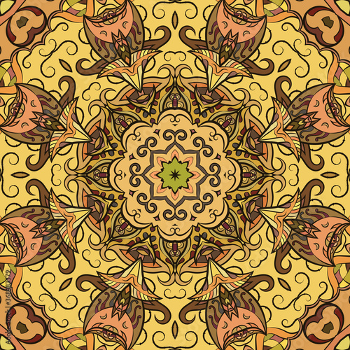 Seamless tracery tile mehndi design. Ethnic ornament, colorful doodle symmetry texture. Folk traditional spiritual tribal design. Curved doodling motif. Color art. Vector