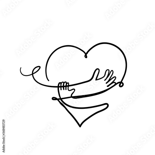 hand drawn doodle heart with hand hug gesture illustration vector
