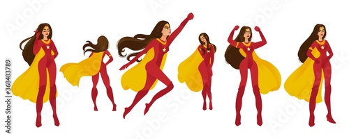 Fotografie, Obraz Female set of superwomen and superheroes in a red costume with yellow cape